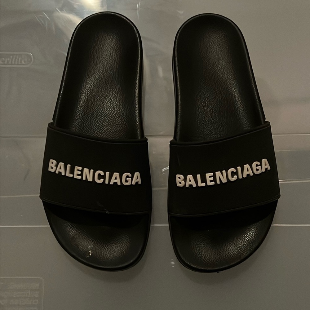 Black balenciaga rubber slides